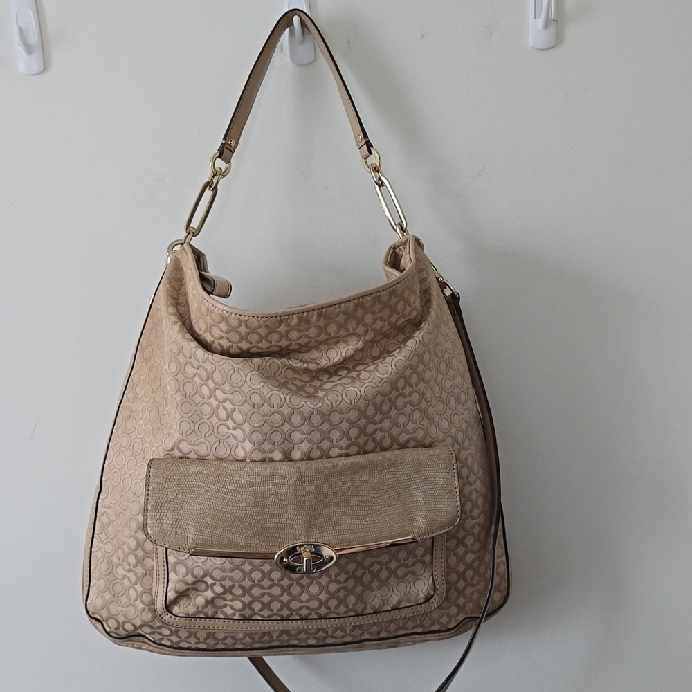 Coach Madison Cream Fabric And Leather Hobo Crossbody Bag
